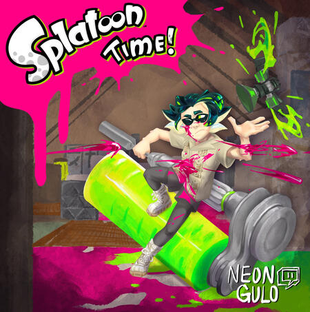 A picture of Neon Gulo as a Splat toon character, wielding a Dynamo roller and a sprinkler, who is being shot at with pink ink. Text above says Splatoon Time in the splatoon font.