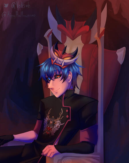 An image of King Halloweeno sitting on a throne. Dark, red, gloomy, hell-like atmosphere.